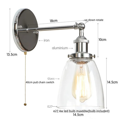 Decorbites™ LED-Wandleuchte mit Zugschalter Industrie-Stil Vintage-Schlafzimmerlampe