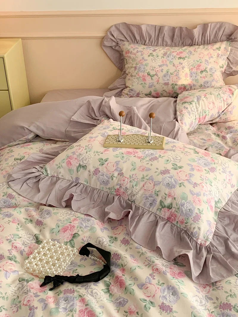 Decorbites™ Französisches Blumen-Motiv Baumwoll-Bettwäsche-Set mit großen Spitzenvolants, Frische Blumen