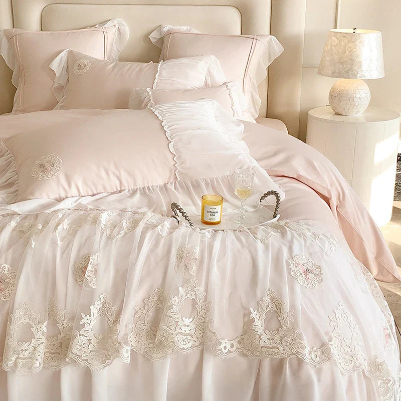 DecorBites™ French Lace Ruffles Princess Wedding Bedding Set - 4Pcs 1000TC Cotton - Duvet, Sheet, Pillowcases