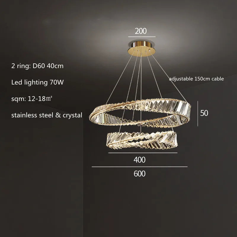 DecorBites™ Gold Steel Rings Crystal Pendant Light