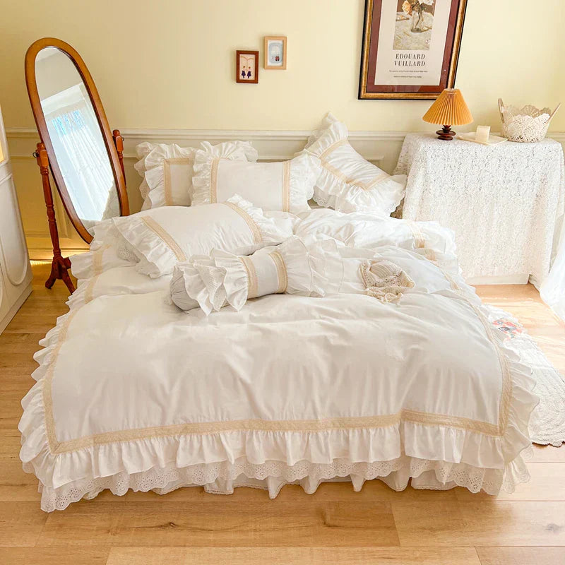 Decorbites™ Französisches Vintage Rüschen-Stickerei Bettwäsche-Set, Cremewhite, 100% Baumwolle, Bettbezug