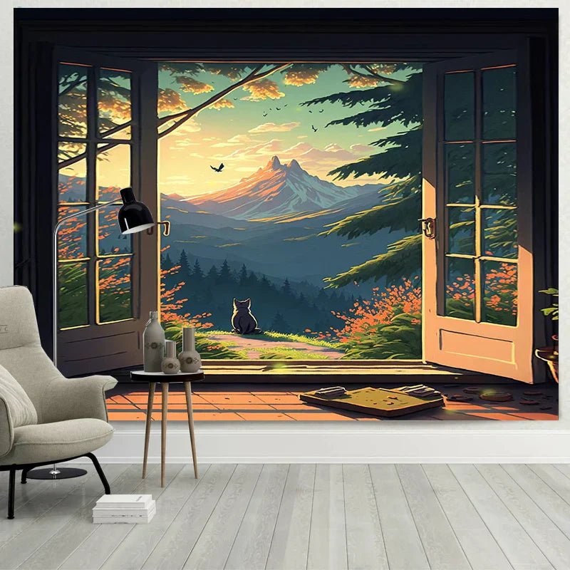 DecorBites™ Dreamy Window Cat Tapestry Landscape Wall Cloth for Bedroom & Living Room