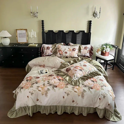 Decorbites™ Französisches Vintage Rüschen-Bettwäsche-Set aus ägyptischer Baumwolle mit Blumenmustern