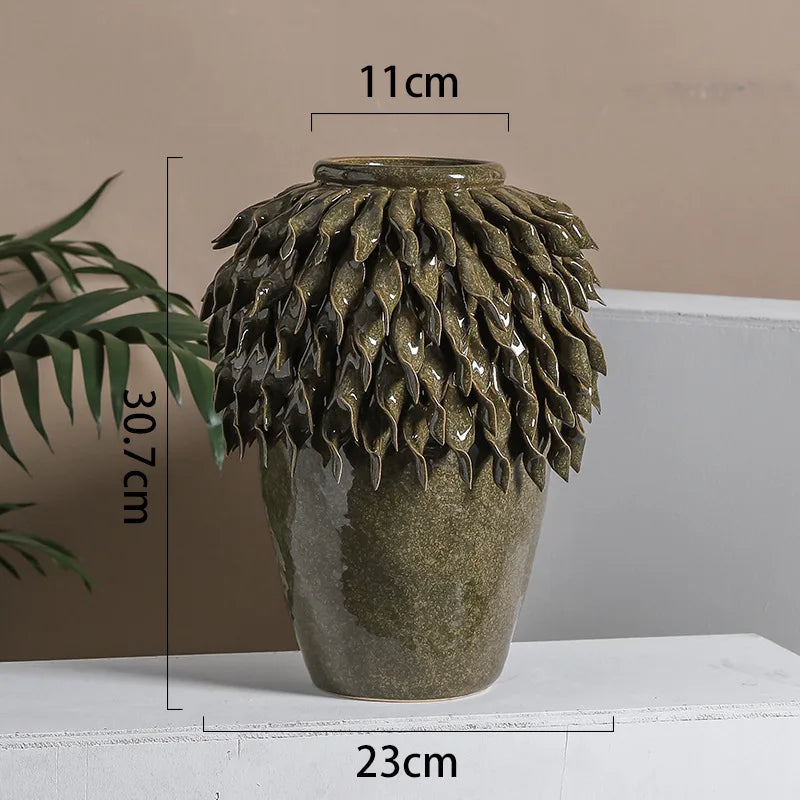 Decorbites™ Blattrelief-Keramikvase: Handgefertigter 3D-Blumenarrangement-Topf