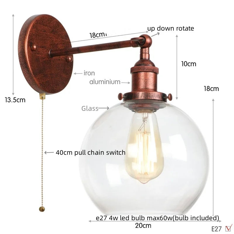 Decorbites™ Glasgloben-LED-Wandleuchte mit einarmiger Armatur Nachttischlampe im Vintage-Industrial-Stil