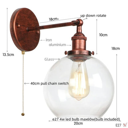 Decorbites™ Glasgloben-LED-Wandleuchte Modern Industrie Rustikal Vintage Nachttischlampe