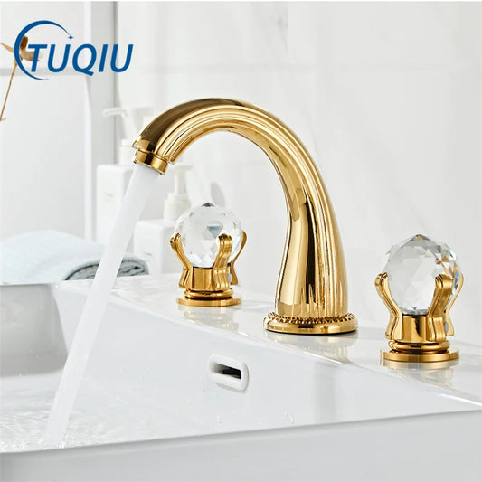 Decorbites™ Gold Kristall-Griff Waschbeckenarmatur, 3-Loch-Auslauf für Badezimmer-Waschbecken