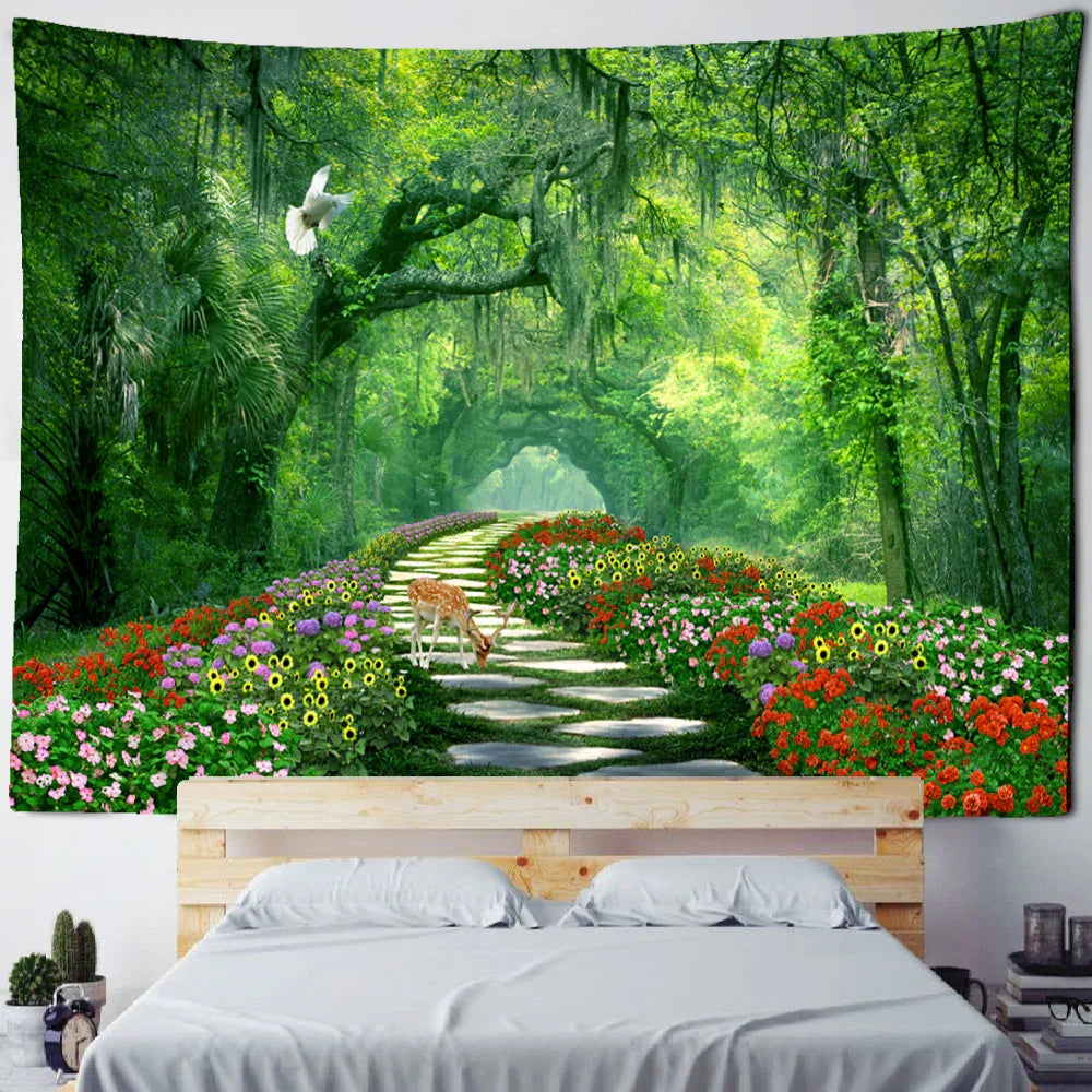 Decorbites™ Bambuswald-Taubenpfad-Gobelin: Hippie-psychedelischer Wandbehang für natürliche Heimdekoration