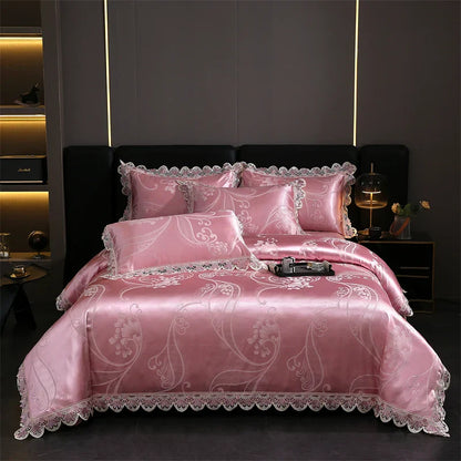 Decorbites™ Golden Jacquard-Baumwoll-Spitzen-Bettwäsche-Set – Seidig weiche Daunendecke, Spannbettlaken, Kissenbezug