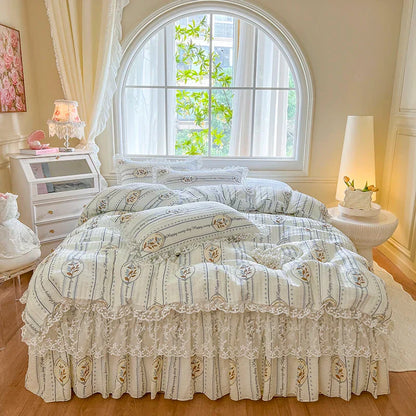 Decorbites™ Französische Spitzen-Volants-Seersucker-Bettset: 4-Tlg. Prinzessinnen-Bettwäsche Quiltbezug