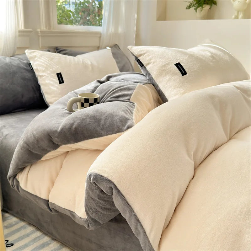 DecorBites™ Coral Color Blocked Velvet Single Duvet Cover for Winter