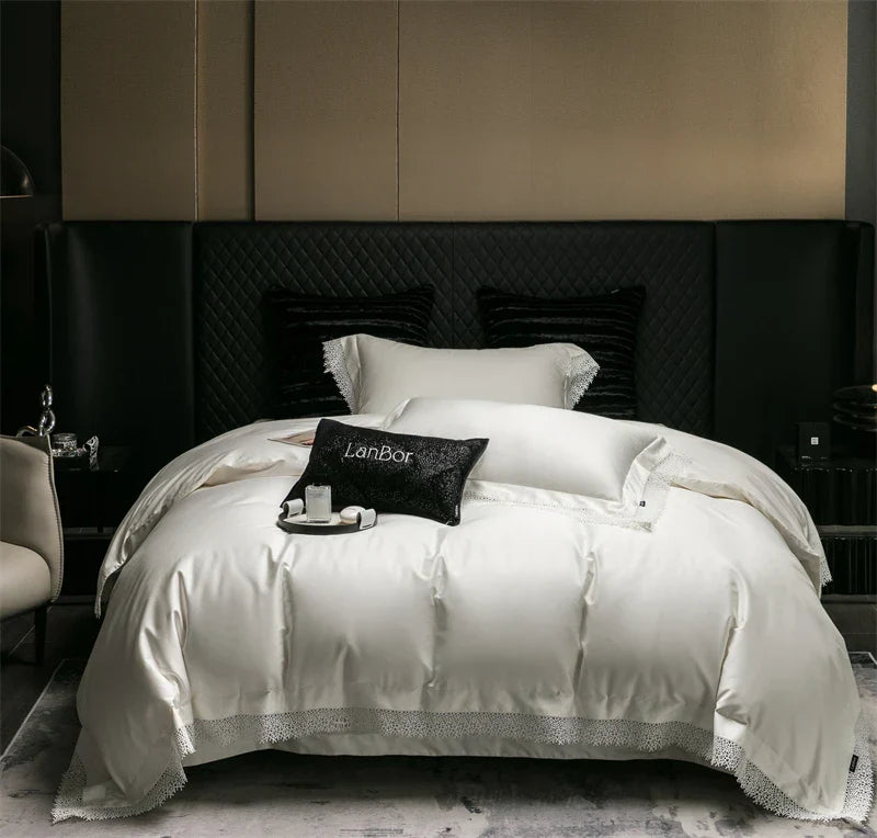 Decorbites™ Französische Spitzenkante-Bettwäsche-Set, 1000TC Ägyptische Baumwolle, Queen King, Daunendecke, Laken, Kissenbezüge