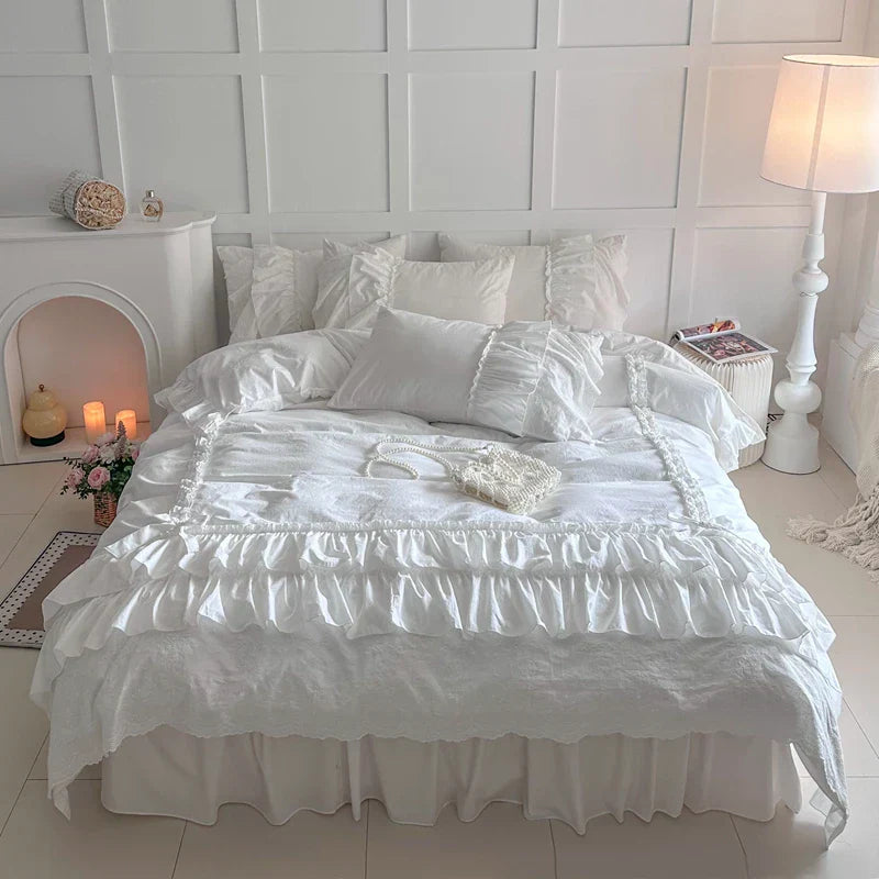 Decorbites™ Koreanische Spitzen-Volants-Baumwoll-Bettwäsche-Set - Süßes Mädchen-Design