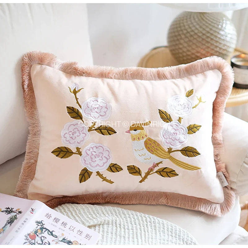DecorBites™ Bamboo Embroidered Fringed Velvet Lumbar Pillow Cover 30x50cm Luxurious Artistic Oriental Style