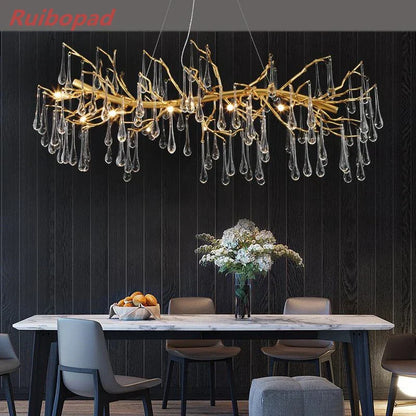 DecorBites™ Elegant Gold Metal Branch Chandelier with Glass Water Drop Crystals