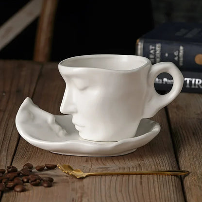 DecorBites™ Frosted Ceramic Face Mug Set: Cup, Saucer, Spoon for Coffee, Tea, Milk