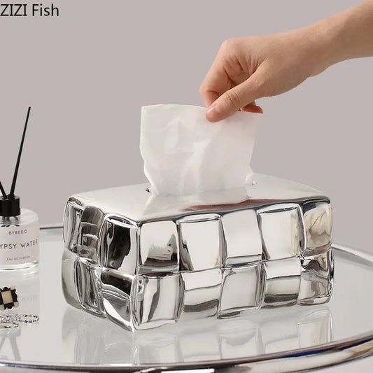 DecorBites™ Geometric Grain Silver Check Tissue Box Holder & Desktop Organizer