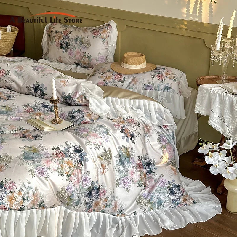 Decorbites™ Französische Blumen-Spitzen-Volants-Prinzessinnen-Bettwäsche-Set aus 1000TC ägyptischer Baumwolle