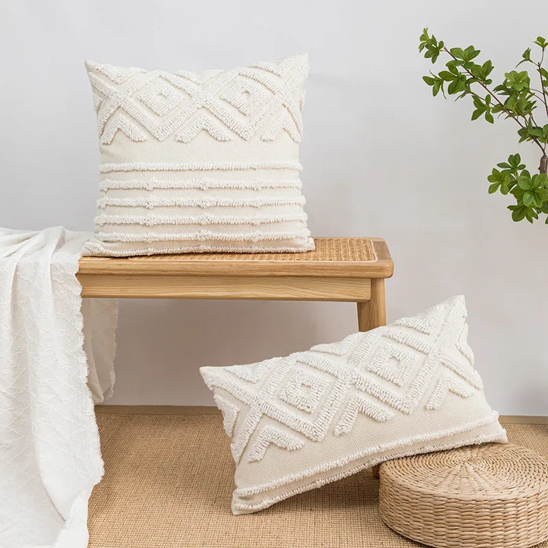 DecorBites™ Geometric Tufted Cotton Canvas Embroidered Pillow Covers for Home Decor