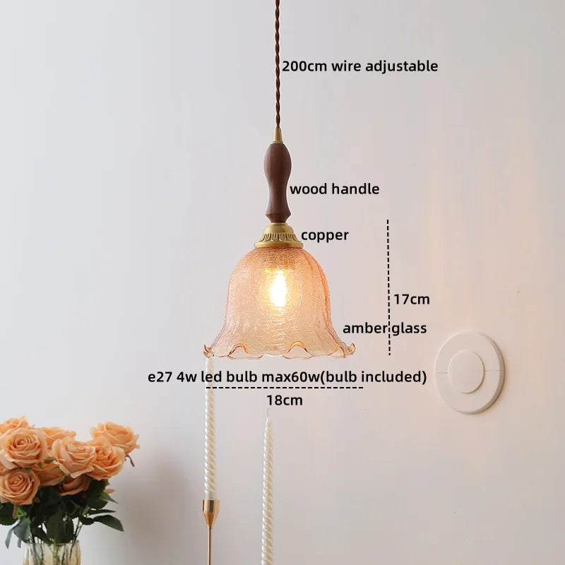 DecorBites™ Green Glass LED Pendant Lamp with Knob Switch, Copper Chandelier