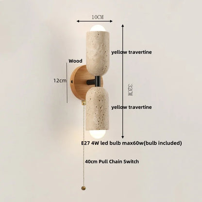 DecorBites™ LED Wall Light Fixture Yellow Travertine Stone Modern Bedside Lamp
