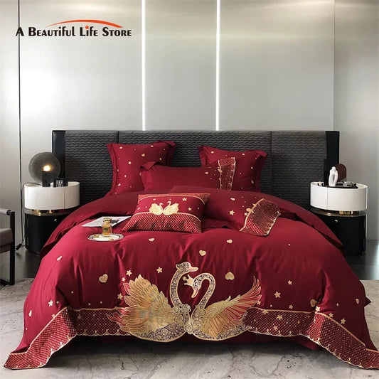 Decorbites™ Gold Swan Love Hochzeits-Bettwäsche-Set, ägyptische Baumwolle, 1000TC, 4 oder 6 Teile