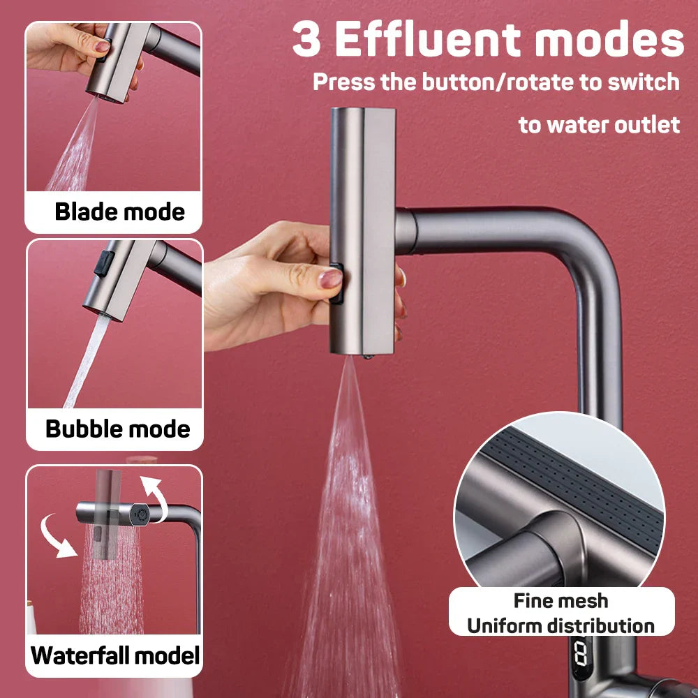 Decorbites™ Digital-Display-Wasserfall-Küchenspüle-Armatur mit herausziehbarem Sprühdüse