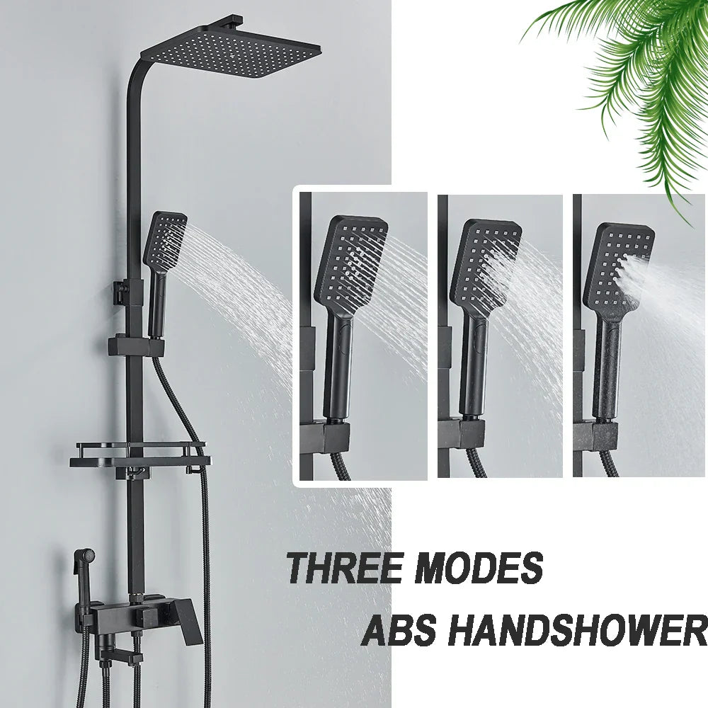 Decorbites™ Schwarzes Messing-Duscharmatur-Set Regendusche Badewannenarmatur mit Badezimmerregal