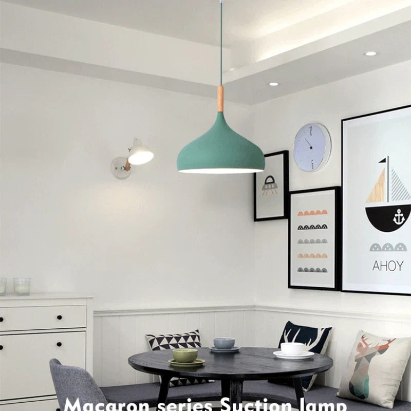 Modern Macaron Aluminum Pendant Light With Wood Accent