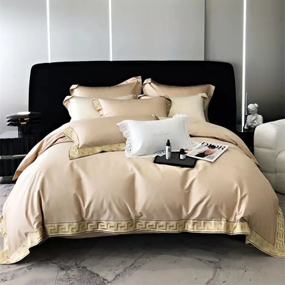 DecorBites™ Gold Embroidery Duvet Set, Black Egyptian Cotton Bedding, 1000TC, Double King Queen