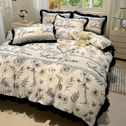 Decorbites™ Korean Black White Hepburn Style Bettwäsche-Set mit Spitzen-Spannbettlaken-Set