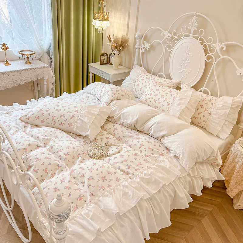 Decorbites™ Baumwoll-Bettwäsche-Set mit Blumenmuster und Falten-Spitzen-Volants, 4-teiliges Ensemble