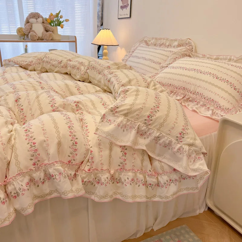 Decorbites™ Koreanische Prinzessin Blumenmuster-Bettwäsche-Set aus gewaschener Baumwolle für Mädchen