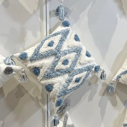 DecorBites™ Geometric Diamond Tufted Embroidery Pillowcases - Blue & White Fringed, 45x45/30x50cm