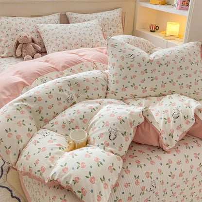 DecorBites™ Cartoon Cat Floral Duvet Set, Girls' Pink Bedding Collection