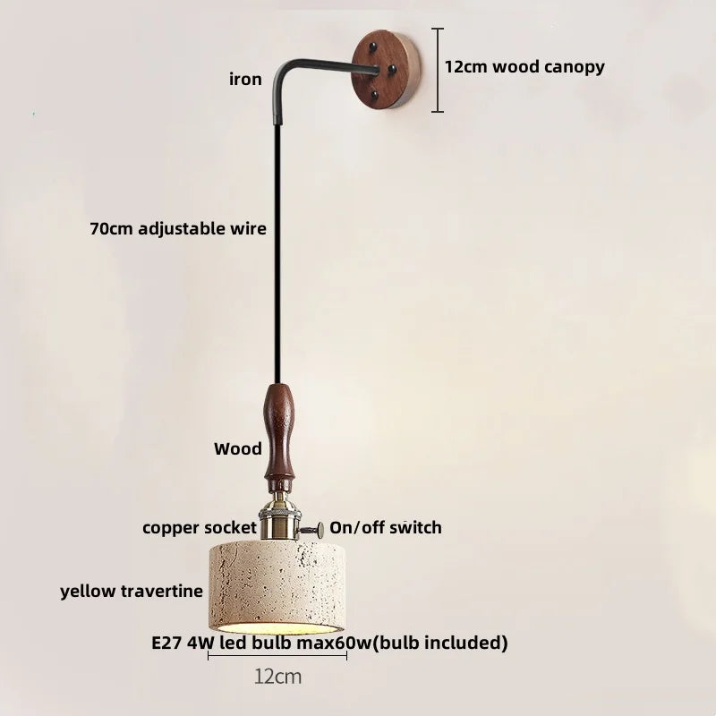DecorBites™ Copper Wood LED Wall Sconce Yellow Travertine Stone Bedside Light