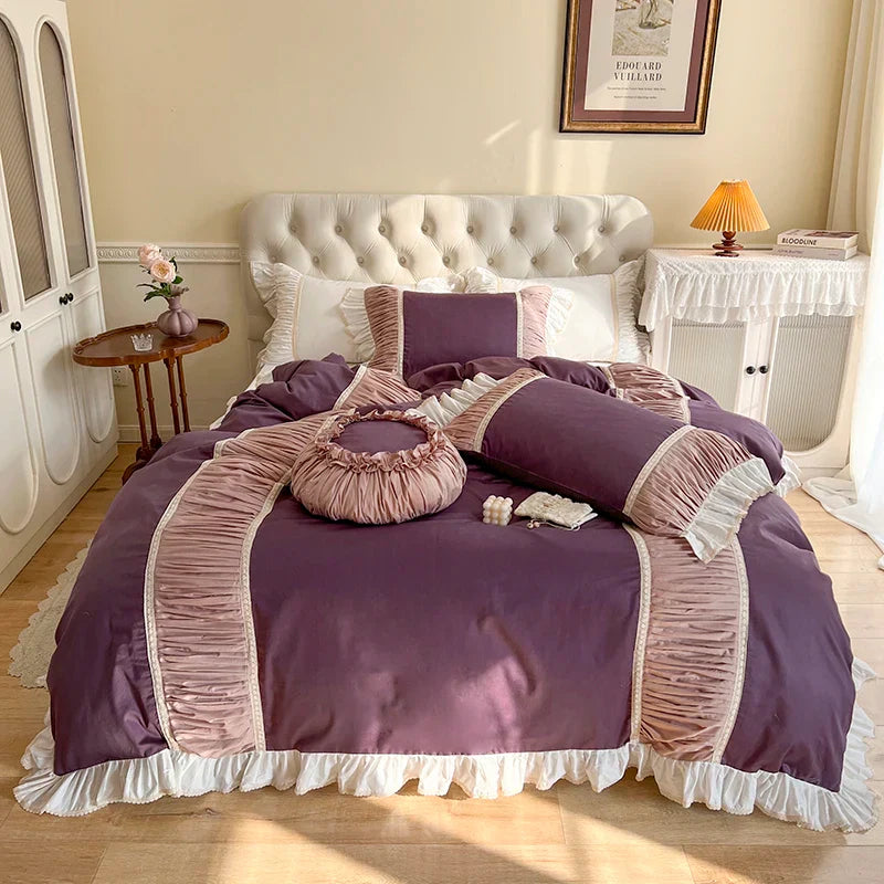 Decorbites™ Koreanische Prinzessinnen-Stil Baumwoll-Bettwäsche-Set mit Plissevolants und weichem Steppbettbezug