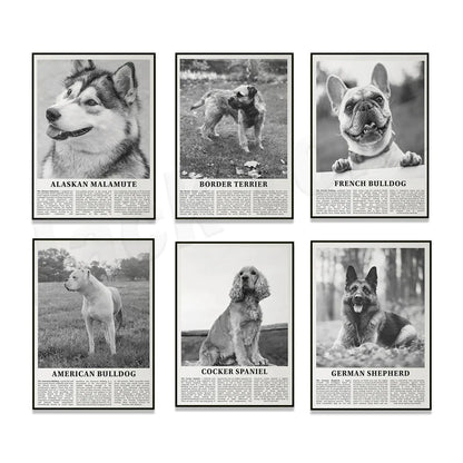 Decorbites™ Poster mit Schwarz- und Weiß-Hunderassen: Windhund, Cocker Spaniel, Akita, Malamute, Vieh-Hund