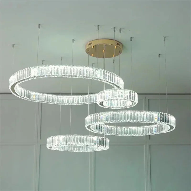 DecorBites™ Crystal LED Chandelier Rings Pendant Lamp Luxury Villa Stair Decoration