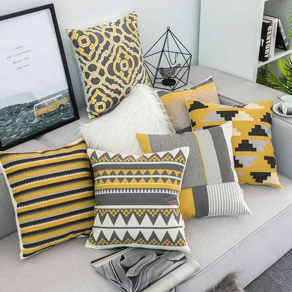 DecorBites™ Geometric Canvas Cotton Cushion Cover - Yellow Grey/White Embroidery Square Pillow Cover