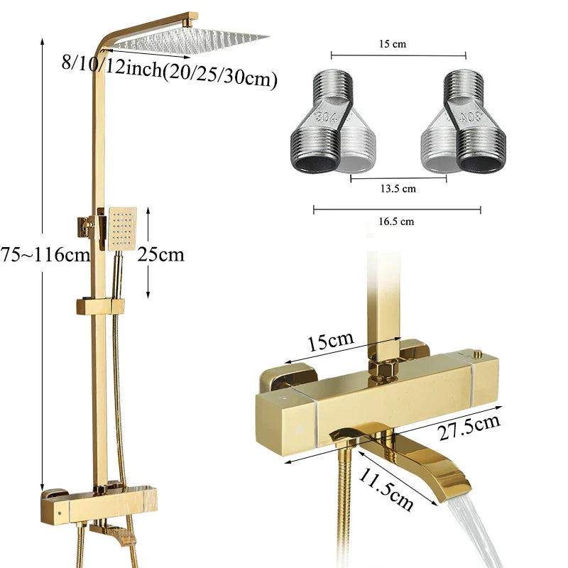 Decorbites™ Golden Thermostatisches Duscharmatur-Set mit Regendusche-Säule und 3-Wege-Mischer