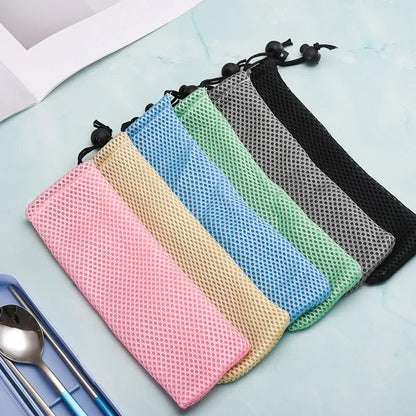 DecorBites™ Cotton Linen Cutlery Case Drawstring Bag for Travel and Home Dining