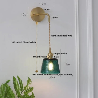 DecorBites™ Clear Glass LED Wall Sconce with Pull Chain Switch, Brass E27, Bedroom Reading Light