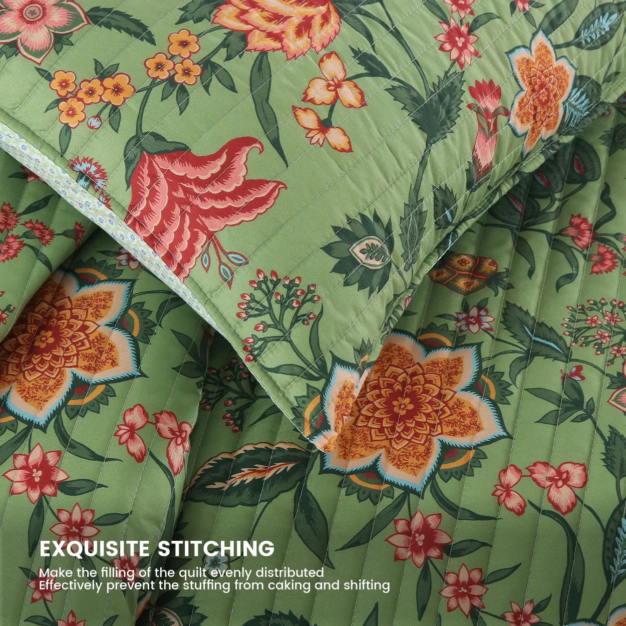 Decorbites™ Grünes Blumenmuster-Bettwäsche-Set 3-teilig, überdimensioniert mit Kissenbezügen