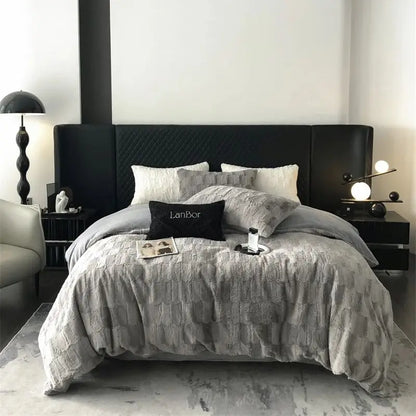 Decorbites™ Kuscheliges Kunstkaninchenfell-Bettwäsche-Set in Schwarz & Grau: Daunendecke, Laken, Kissenbezüge