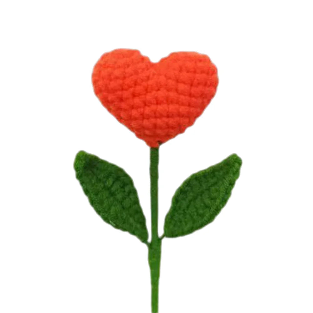 Decorbites™ Handgewebter Liebesherz-Garn-Häkelblumenstrauß mit grünem Laubzweig