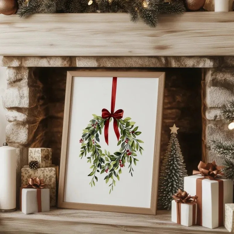 Christmas Wreath Print, Christmas Bow Print Red Bow Holiday Decor Xmas Poster Red Christmas Bow Wall Art Prints