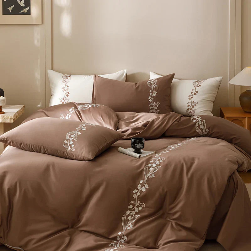 DecorBites™ Elegant Lily of the Valley Embroidery Brown Cotton Bedding Set