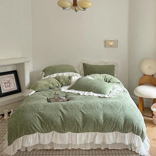 Decorbites™ Französisches Geschnitztes Samt-Spitzen-Volants-Bettwäsche-Set, Korallen-Samt-Bettbezug, Luxus-Bettlaken