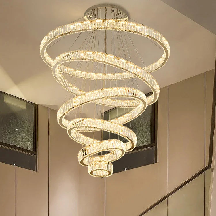 DecorBites™ Crystal LED Ring Chandelier - Luxury Villa Stair Pendant Fixture